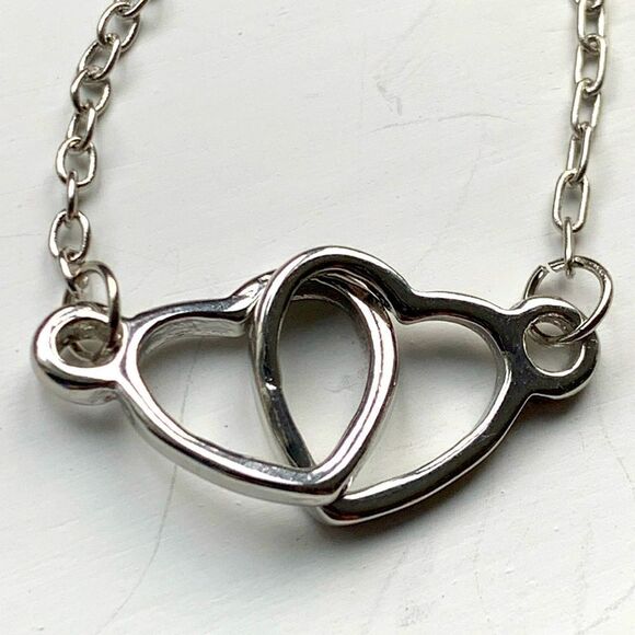 Double Interlocking Silver Hearts Layering Love Friendship Necklace + Gift Pouch - Picture 5 of 12